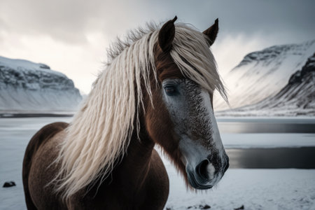 Icelandic equine. untamed horse. Icelandic Westfjord with a horse. composition involving wild creatures. image of a trip. Iceland during the winter. Generative AIの素材