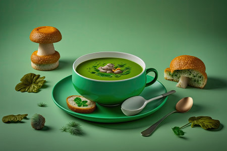 Mushroom soup with bread on green background. Autumn soup in minimal style. Creamy mushroom soup in bowl in modern concept. Colour background and hard shadow in food menu. Generative AIの素材