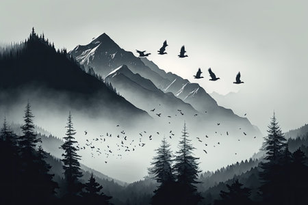 Mountain silhouettes in the fog and a flying bird. Generative AIの素材