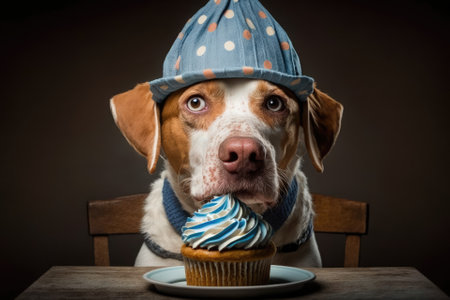 Funny dog wearing a cap and a birthday cake. Generative AIの素材