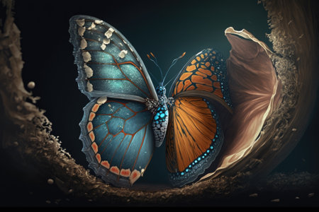 Illustration of a digital artwork of a butterfly emerging from its chrysalis, Cover Image. Generative AIの素材