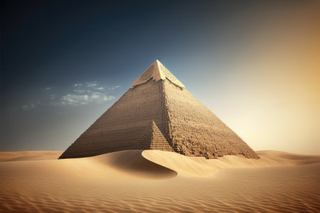 Egyptian pyramid with a clear sky, amidst a desert of sand. Generative AIの素材