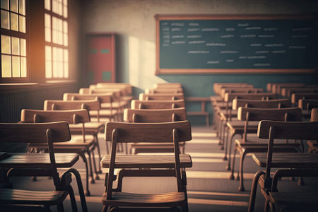Empty university classroom with many wooden chairs. Wooden chairs well arranged in college classroom. Empty classroom with vintage tone wooden chairs. Back to school concept. Generative AIの素材