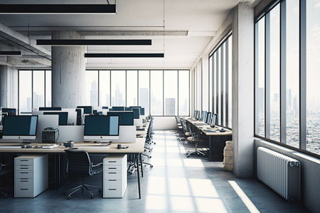Modern open plan office with concrete floors, white walls, rows of computer tables, and panoramic windows that show a fuzzy cityscape. makeshift wall. Generative AIの素材