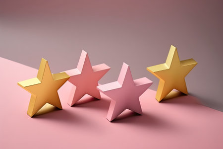 Four gold stars on a pink background. Rating of a hotel, restaurant, mobile app or cafe. Four stars rating. The status of the institution, hotel. The concept of appraisal of goods and services. Generative AIの素材