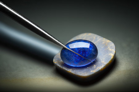 Natural 6 rays blue star sapphire gemstone in tweezers. Heated, diffusion treated, opaque, oval cabochon polished loose setting for making jewelry. Natural mined genuine corundum. Gemology, mineralogy. Generative AIの素材