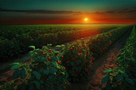 Green agriculture field in sunset. Tomatoes field. South Ukraine agriculture field. Generative AIの素材
