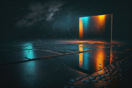 Nighttime scenery, wet pavement, and neon reflection on the concrete floor. empty studio and stage at night. Abstract, dark background Product Display Lighting Background. Generative AIの素材