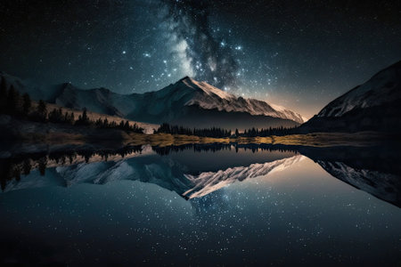 Photograph of the night sky. Milky Way over a mountain lake. There are many small stars throughout the image field. Soft focus. natural background. Generative AIの素材