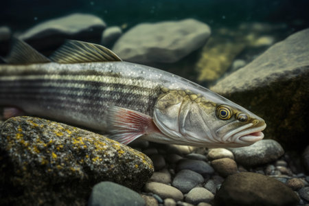 On the rocky shore is the body of a flathead silverside mullet. macro photography at close range. Generative AIの素材
