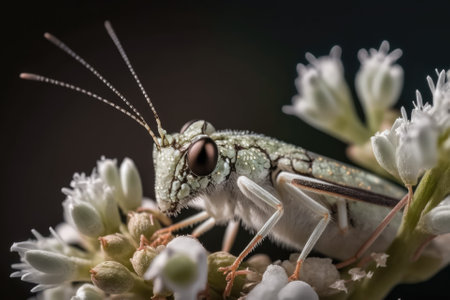 Macro image of a tiny grasshopper perched atop a little white bloom. Generative AIの素材