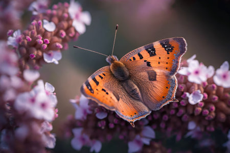Macro pictures, lovely natural setting. Beautiful butterfly in closeup perched on a blossom in a summer garden. Generative AIの素材