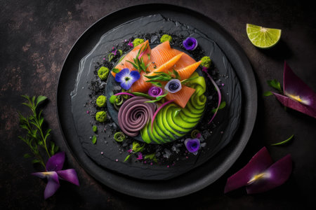 On a black dish, a culinary ring of raw salmon, avocado, and purple onion salad is presented. a background of black concrete. Generative AIの素材