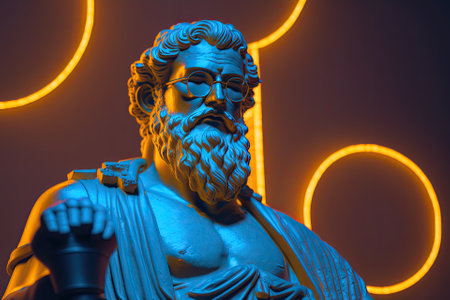 Moses statue with bitcoin inspired eyewear and a neon backdrop. Generative AIの素材