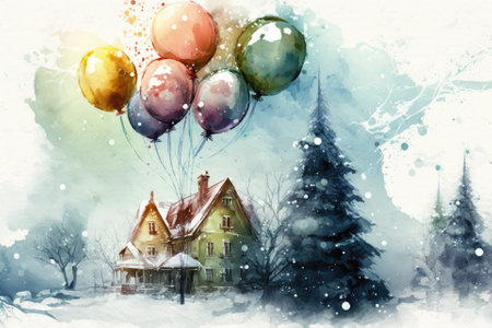 Painting with Watercolor on a Computer. Christmas celebration in the modern day with balloons and a tree. [Digital Art Illustration, Fantasy Christmas Background, Image for Greeting Card]. Generative AIの素材