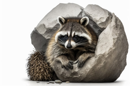 Funny raccoon portrait on a white backdrop with an isolated rock motion. Generative AIの素材