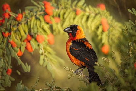 Northern red bishop or orange bishop, Euplectes franciscanus, red black bird sitting on thorny prickly shrub bush. Bird in nature green habitat, Murchison NP, Uganda in Africak. Bishop, Uganda wil. Generative AIの素材