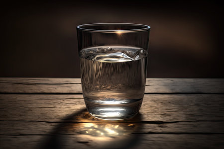 Water glass on a wooden table. The beaker was filled with water. selective attention. narrow DOF the use of lighting effects. Including copy space. Generative AIの素材