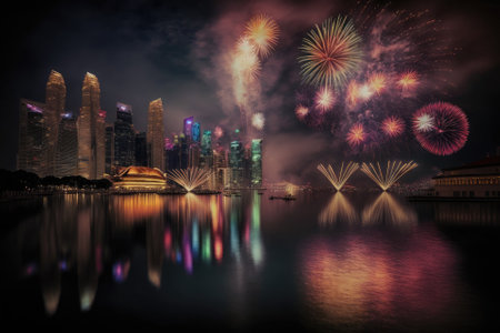 Singapore waterfront fireworks. Generative AIの素材