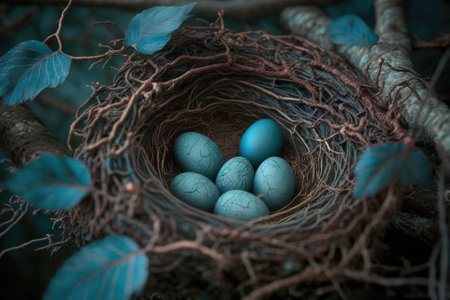 bird nest on tree branch with five blue eggs inside. Generative AIの素材