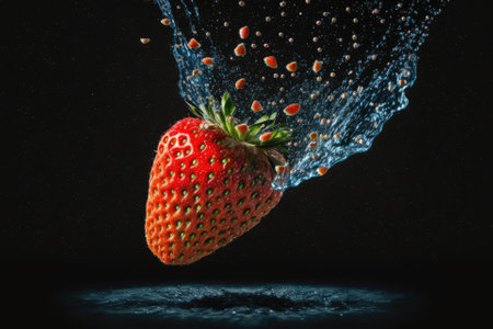 Strawberry flying and splashing in the air against a blue and black background. vertical layout Gravity theory. Generative AIの素材