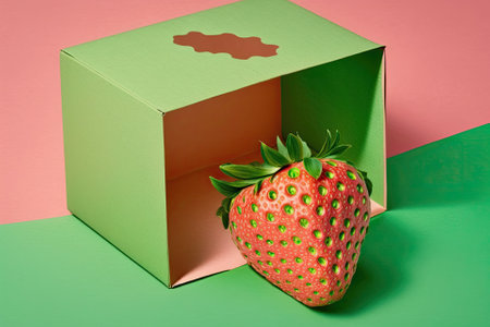 Strawberry cardboard box in pink with a green background. Copy space Macroscopic photography. looking up. Generative AIの素材