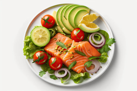 On a white background, a fresh green lettuce salad with smoked salmon, cherry tomatoes, and avocado is shown. Generative AIの素材