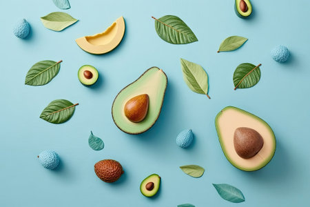 On a soft blue background, there is a vibrant avocado design. summertime idea. Lay flat. Generative AIの素材