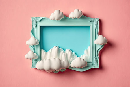 Vintage white frame with pink cloud shapes on a light blue background. minimal composition of the border. Generative AIの素材