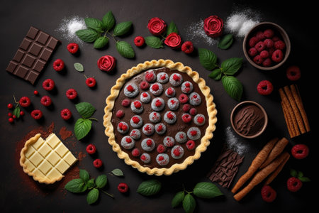 Raspberry and chocolate pie ingredients on a dark background with copy space. background of a bakery, upper view. Generative AIの素材