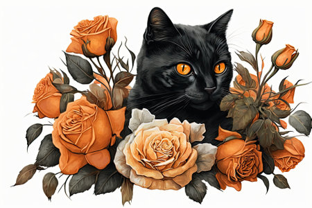 Orange roses are in a bouquet with a white background and a black cat. Generative AIの素材