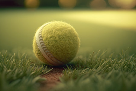 tennis ball with a soft focus on a grass court. Generative AIの素材