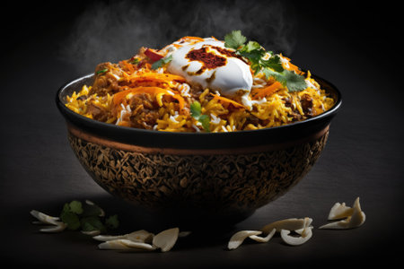 Spicy cuisine from Pakistan and India A dish of Lucknowi Dum Pukht Biryani is shown in a side view against a black background. Generative AIの素材