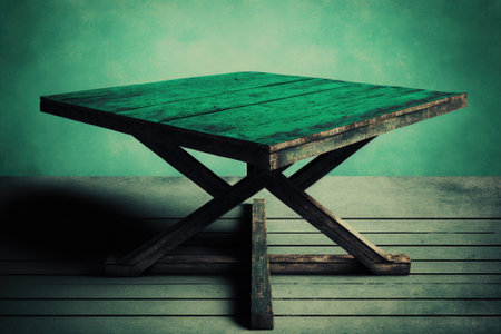 Wooden deck table on green grunge background. Generative AIの素材