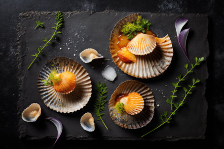 Scallops in shells and on a slate background are photographed for culinary graphics. Generative AIの素材