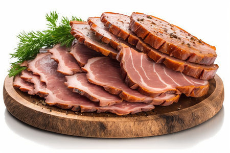 Slices of cold smoked pork in a rustic setting, isolated on a white background. Generative AIの素材