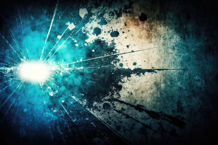 Scratched background. Lens flare effect. Blue distressed aged faded grunge surface with smeared stains dust noise colorful light design. Generative AIの素材