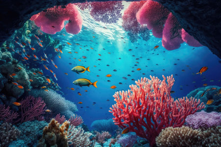 Underwater scenery with a colorful, picturesque coral reef at the bottom of a tropical sea and hard corals with Anthias fishes. Generative AIの素材