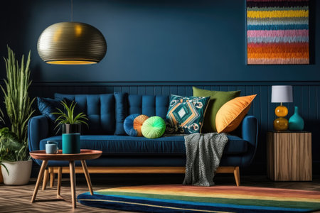 Retro lampshade above a simple, wooden coffee table on a navy blue rug in a colorful living room interior with pillows on a couch. Real photo. Generative AIの素材
