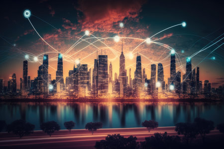 Smart cities have connections to the internet and advanced communication systems. Future social media networking and 5G wireless connectivity concept. Generative AIの素材