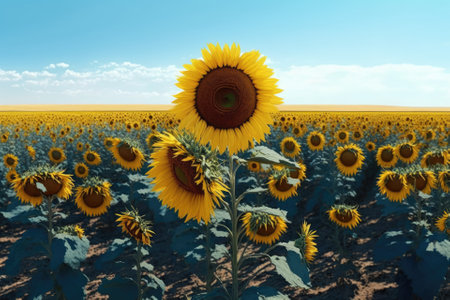 Sunflowers are Growing on the Big field. Wonderful panoramic view field of sunflowers by summertime. Long rows of nice yellow sunflower in the field under the blue sky. Black sunflower seeds. Generative AIの素材