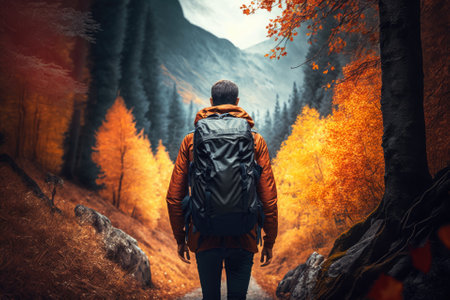 The concept of adventure, trekking, and a seasonal vacation is shown with a back view of a tourist on the trail as he travels and hikes along a forest path in the autumn season. Generative AIの素材