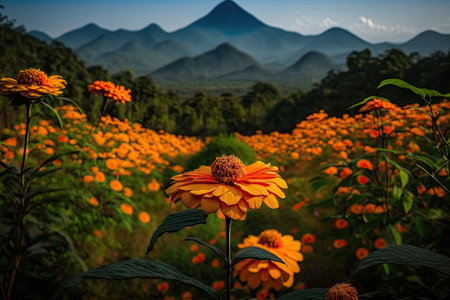 The beautiful of Mexican sunflower field in full bloom at the Bua Tong Field, Mae Hong Son province, northern of Thailand. Generative AIの素材