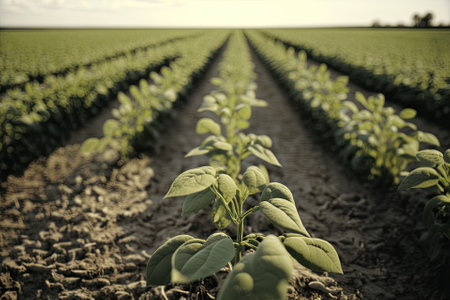 soybean field with rows of soya bean plants. Generative AIの素材