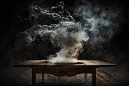 empty wooden table with smoke float up on dark background. Generative AIの素材