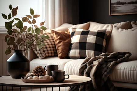 The stylish composition at living room interior with design beige sofa, black coffee table, plants and elegant personal accessories. Brown pillow and plaid. Cozy apartment. Home decor. Generative AIの素材
