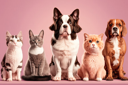 eight cats and dogs in a group, isolated on a pastel pink background. Generative AIの素材