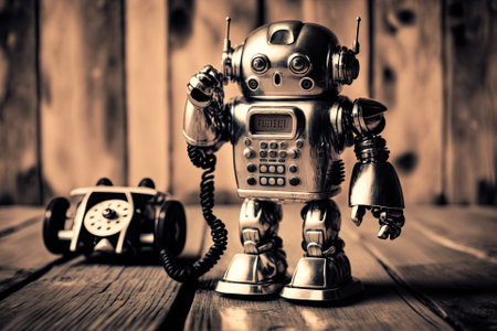 big silver robot toy on the phone standing on an old wooden floor toned image. Generative AIの素材