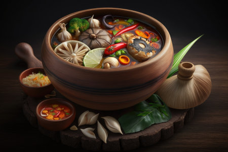 Thai food in a wooden bowl, including Tom Yam Kung soup with mushrooms and lemon grass. Generative AIの素材