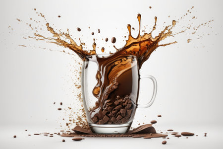 With coffee splash, in a glass mug. On the surface next to it were some coffee beans. within a white background. Generative AIの素材